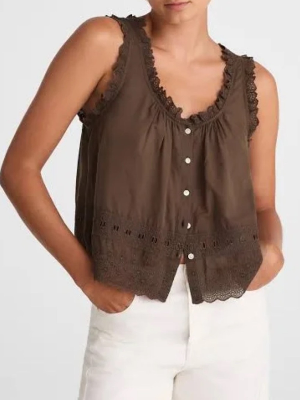 Madewell Brown Lace-Trim Eyelet Sleeveless Button Front Top S